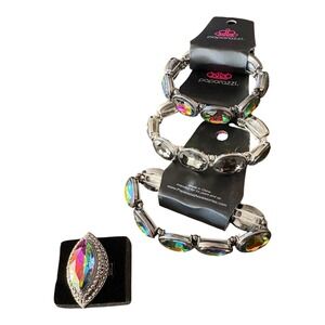 Paparazzi Diva In Disguise Oil Spill Bracelet Ring Set Iridescent Silver Multi